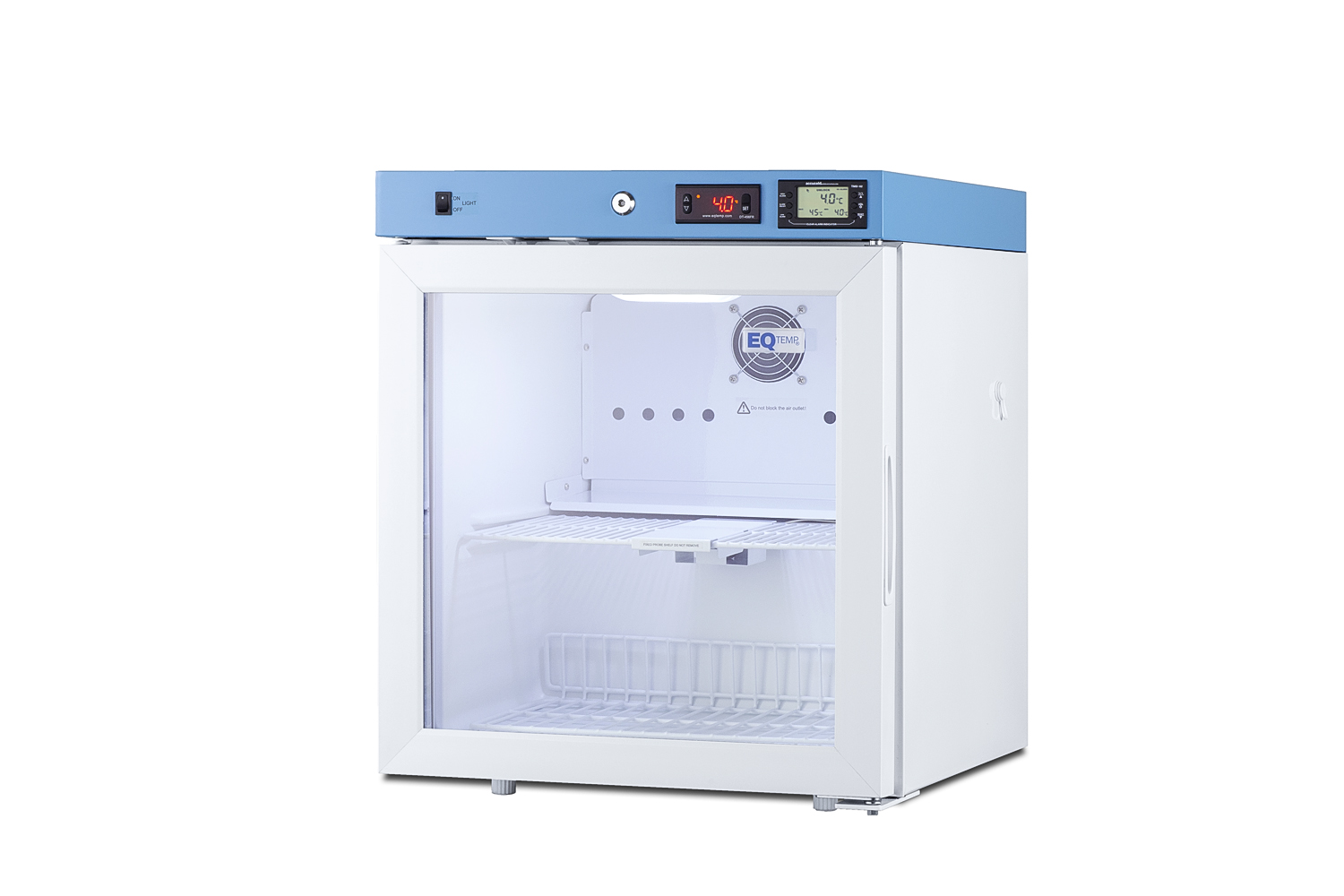 Compact healthcare all-refrigerator certified to NSF/ANSI 456 with self-closing glass door, front lock, digital controls, and NIST-calibrated temperature readout